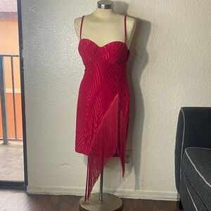 Elegant Red Fringe on one side sexy Dress
